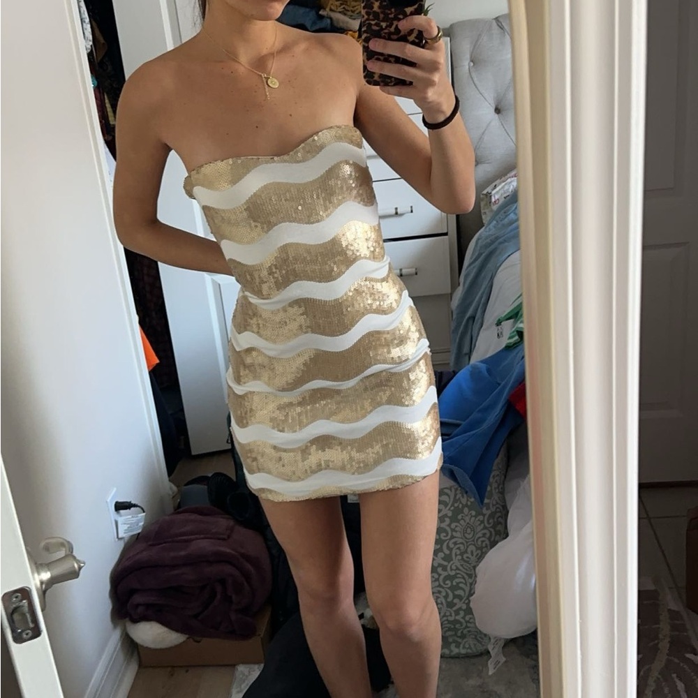 DEADSTOCK Gold and White Strapless Dress